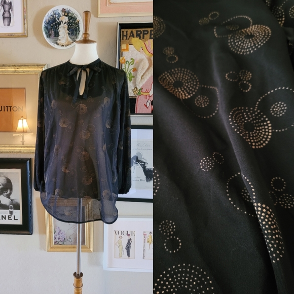 Vintage - 1950's Black and Gold Pussy Bow Tunic Blouse Union Label - Picture 2 of 7